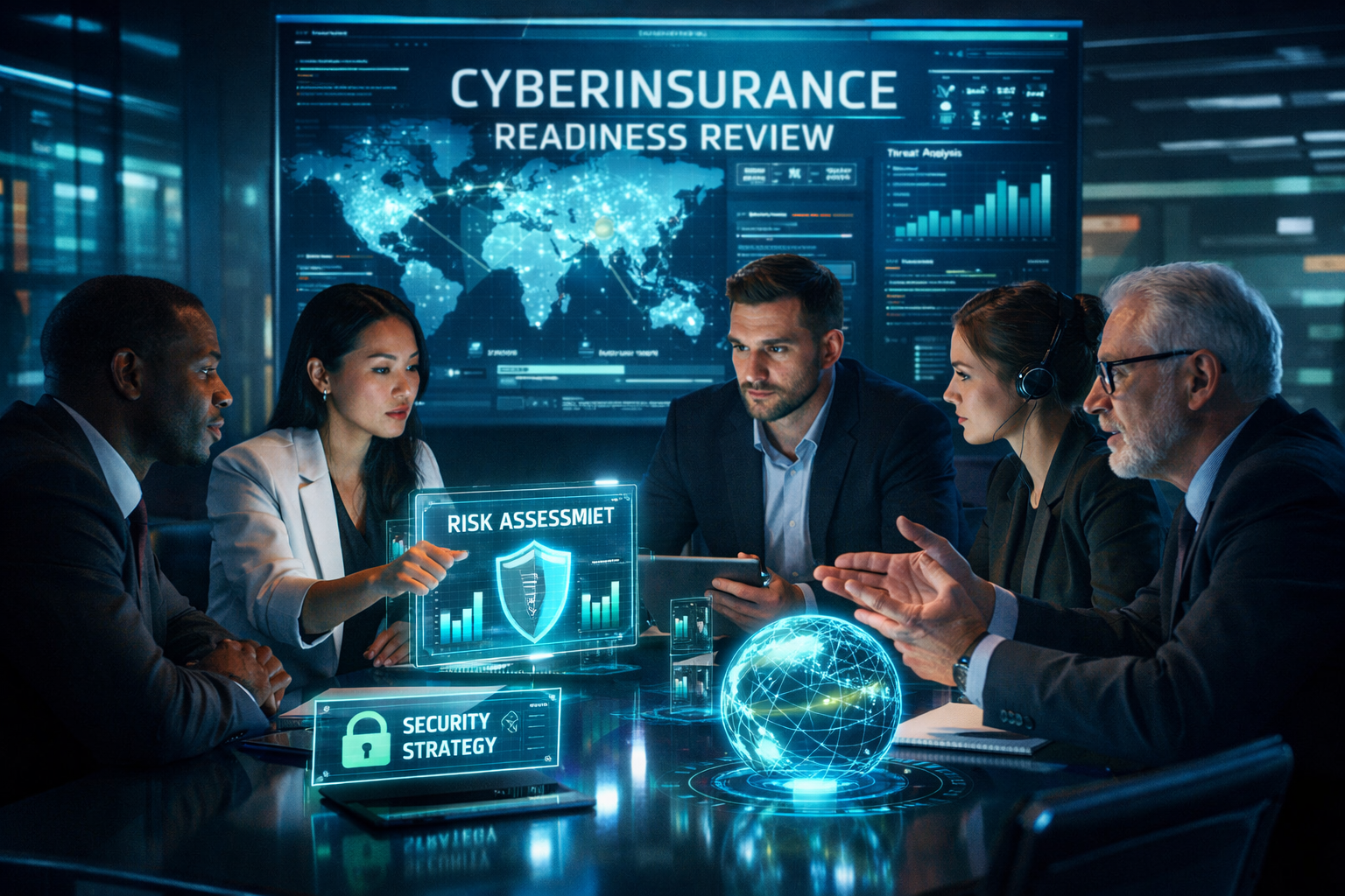 In a sleek futuristic office filled with advanced technology a team of diverse professionals engages in a cyberinsurance readiness review The scene is-1